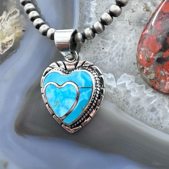Native American Sterling Blue Ridge Turquoise Decorated Double Heart Pendant - Picture 5 of 10